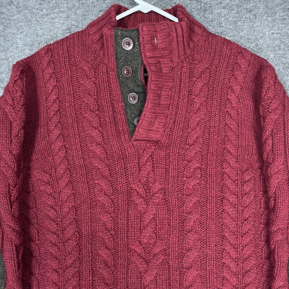 Alan Paine Henley Sweater Mens XL Red Cable Knit English Explorer Elbow Patches - Picture 2 of 11